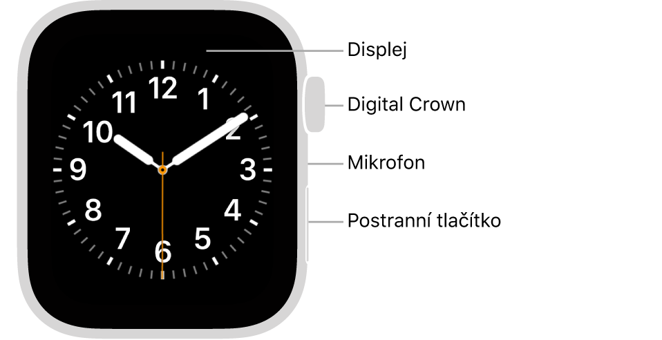 Přední strana hodinek Apple Watch Series 6: na displeji je zobrazen ciferník a na boku se shora dolů nachází korunka Digital Crown, mikrofon a postranní tlačítko.