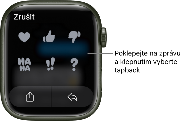 Konverzace ve Zprávách s volbami Tapbacku: srdce, palec nahoru, palec dolů, Haha, !! a ?. Dole je vidět tlačítko Odpovědět.