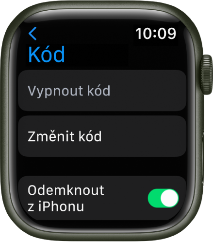 Nastavení přístupového kódu na Apple Watch s tlačítkem „Vypnout kód“ nahoře, tlačítkem „Změnit kód“ pod ním a přepínačem „Odemykat z iPhonu“ dole