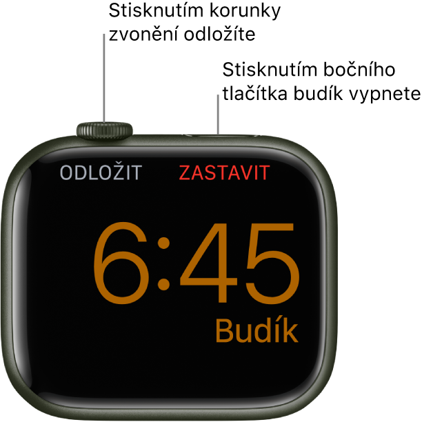 Apple Watch položené na boku. Na obrazovce svítí zvonící budík. Pod korunkou Digital Crown je zobrazené slovo „Odložit“, Slovo „Zastavit"pod postranním tlačítkem.