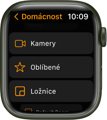 V aplikaci Domácnost se zobrazuje seznam obsahující tlačítka Kamery, Oblíbené a tlačítka pro různé místnosti