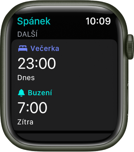 Aplikace Spánek na Apple Watch s večerním spánkovým rozvrhem. Nahoře je uveden čas Večerka a pod ním čas Buzení.