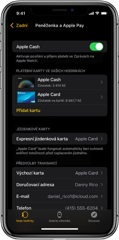 Obrazovka Peněženka a Apple Pay v aplikaci Apple Watch na iPhonu. Na obrazovce jsou vidět karty přidané do Apple Watch, karta, kterou jste vybrali k použití v expresním jízdenkovém režimu, a výchozí volby transakcí.