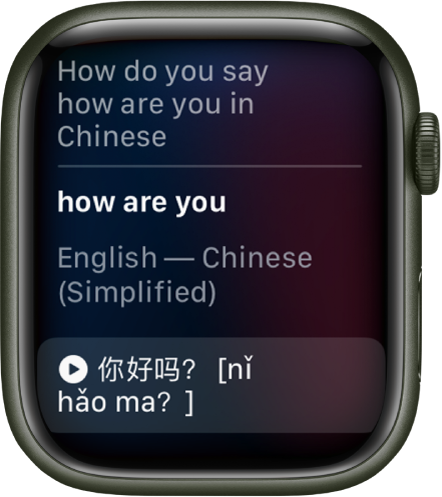 Obrazovka Siri se slovy „Jak se řekne čínsky ‚Jak se máte?‘“. Pod tím je zobrazený překlad.
