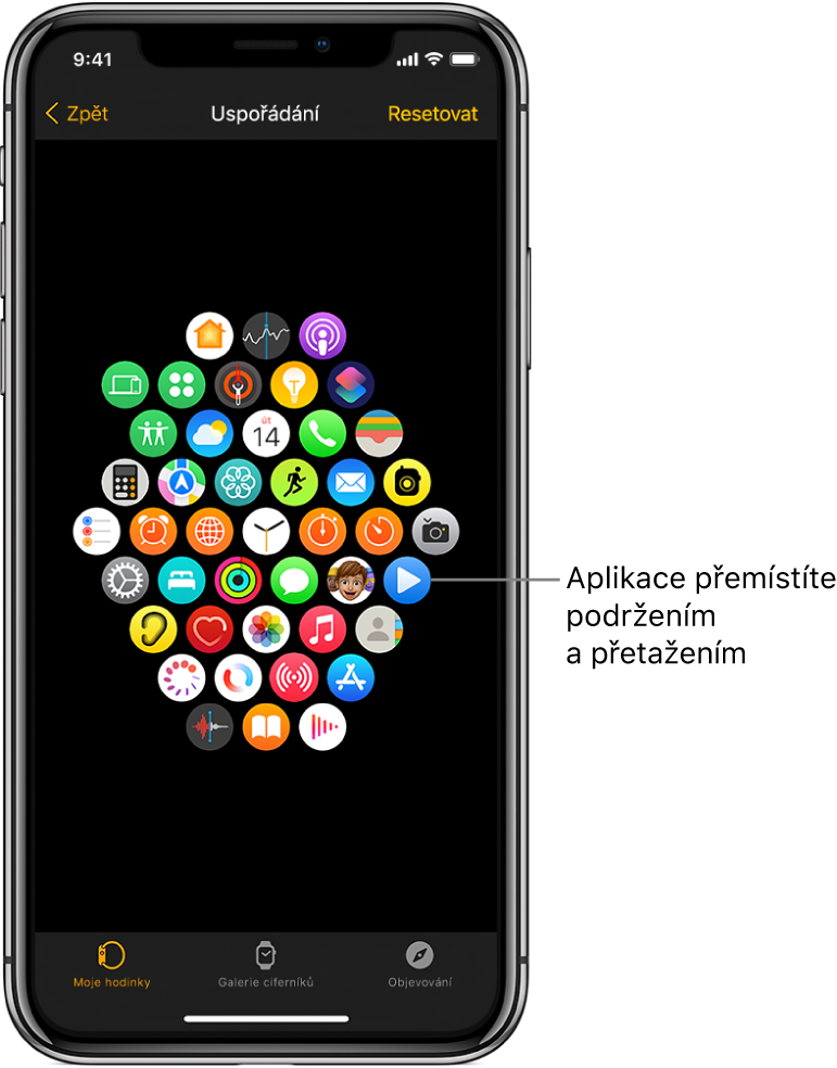 Obrazovka Uspořádání v aplikaci Apple Watch s ikonami uspořádanými v mřížce.
