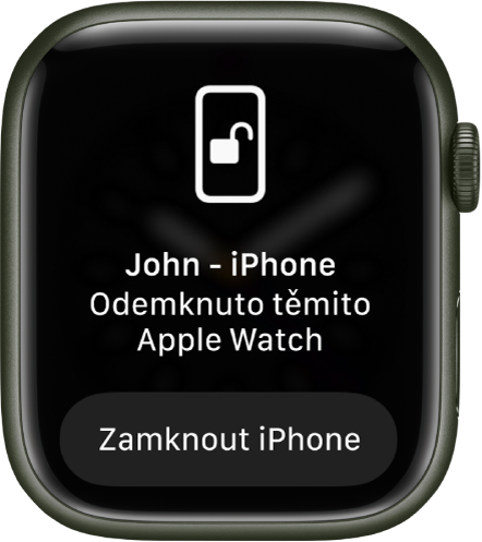 Displej Apple Watch se slovy: „iPhone uživatele John byl odemknut těmito Apple Watch.“ Dole je vidět tlačítko Zamknout iPhone.