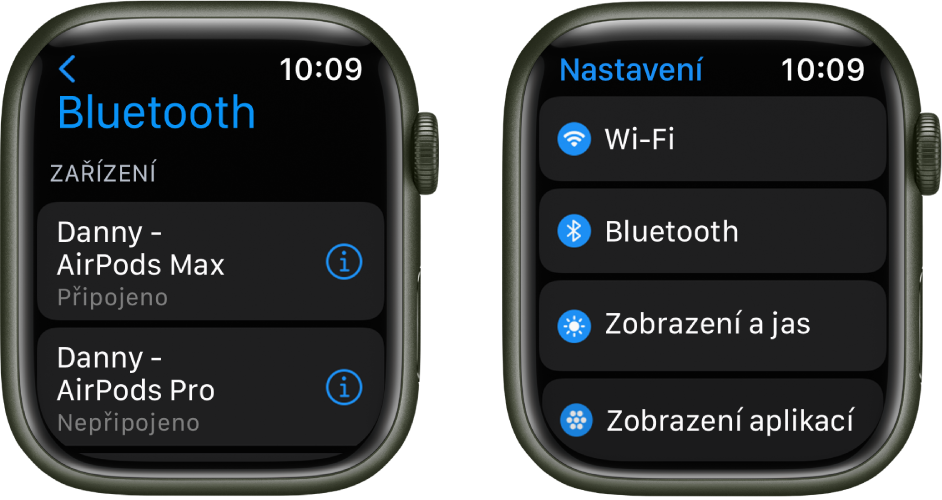 Dvě obrazovky vedle sebe. Na obrazovce vlevo jsou vidět dvě dostupná zařízení Bluetooth: AirPody Max, které jsou připojené, a AirPody Pro, které připojené nejsou. Vpravo je vidět obrazovka Nastavení se seznamem tlačítek Wi‑Fi, Bluetooth, Zobrazení a jas a Zobrazení aplikací.