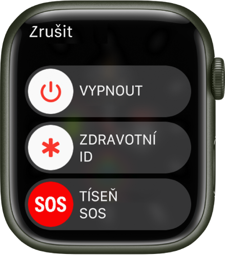 Obrazovka hodinek Apple Watch se třemi jezdci: Vypnout, Zdravotní ID a Tíseň SOS. Přetažením jezdce Vypnout hodinky Apple Watch vypnete.