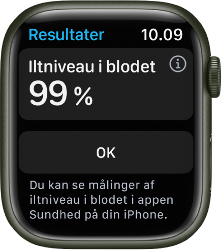 Skærmen Iltniveau i blodet, som viser en iltmætning i blodet på 99 procent. Knappen OK er nedenunder.