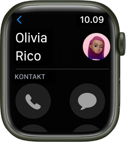 Appen Kontaker viser en kontakt. Kontaktens navn er øverst til venstre med billedet øverst til højre. Knapperne Telefon og Beskeder vises nedenfor.