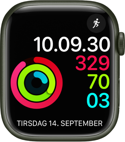 Urskiven Digital aktivitet, der viser tiden og status for dit mål for Bevægelse, Motion og Stå. Der er også to komplikationer: Træning øverst til højre og Kalenderkomplikationen, der viser dag, måned og dato nederst.
