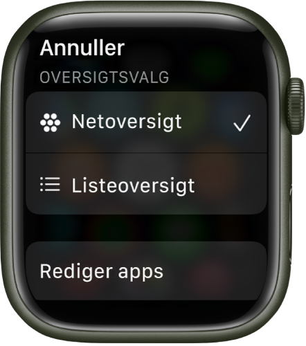 Skærmbilledet Oversigtsvalg, der viser knapperne Netoversigt og Listeoversigt. Knappen Rediger apps vises nederst på skærmen.