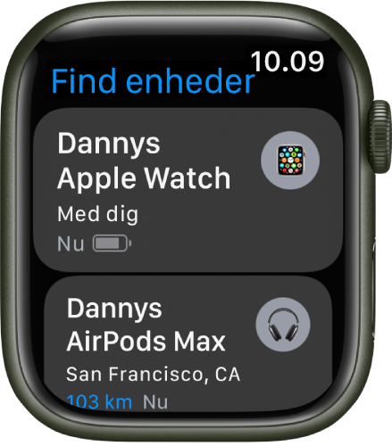 Appen Find enheder viser to enheder – et Apple Watch og AirPods.