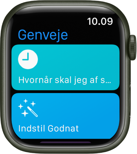 Appen Genveje på Apple Watch viser to genveje – Hvornår skal jeg tage af sted og Indstil godnat.