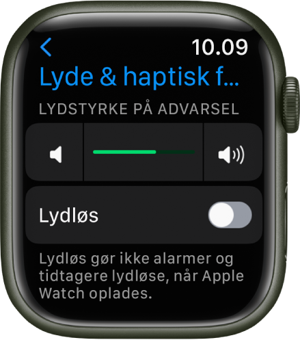 Indstillinger til Lyde & haptisk feedback på Apple Watch med mærket Lydstyrke på advarsel øverst og kontakten Lydløs nedenunder.