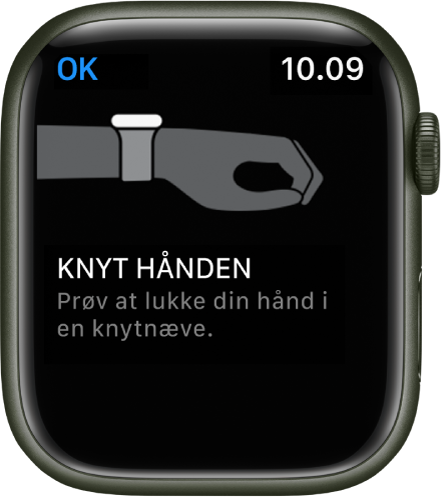 AssistiveTouch-skærm, hvor du kan prøve en bevægelse. Bevægelsen med at knytte hånden vises med en illustration af en knyttet hånd.