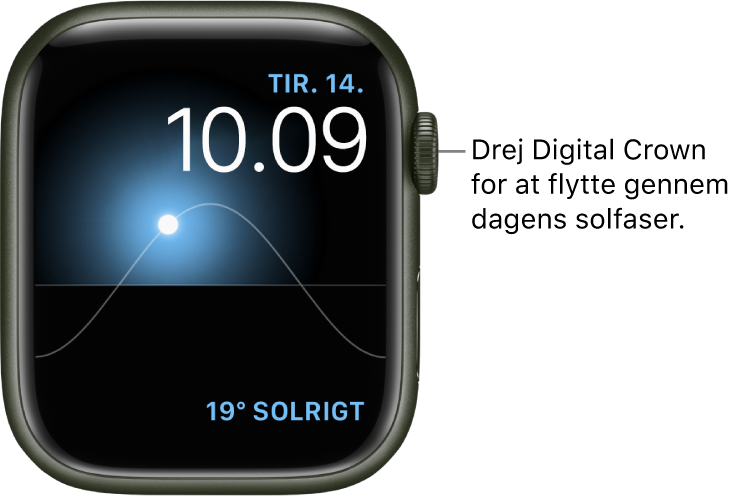 Urskiven Solursgraf viser oplysninger om ugedag, dato og klokkeslæt, som du ikke kan ændre på. En Vejrkomplikation vises nederst til højre. Drej på Digital Crown for at flytte solen hen over himlen til skumring, daggry, zenit, solnedgang og mørke.