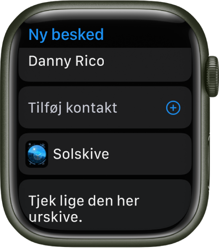 Apple Watch-skærmen, der viser en besked med deling af urskiven med modtagerens navn øverst. Nedenfor er knappen Tilføj kontakt, navnet på urskiven og en besked med teksten "Se denne urskive".