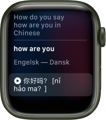 Siri-skærmen, der viser ordene “Hvordan siger man ‘Hvordan går det?’ på kinesisk”. Den engelske oversættelse er nedenfor.