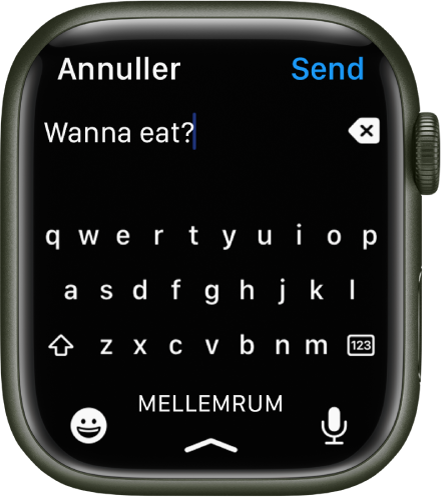 En skærm til tekstindtastning, der viser et QWERTY-tastatur. Tekst vises øverst med knappen Slet til højre. Knapperne Emoji, Mellemrum og Dikter er nederst.
