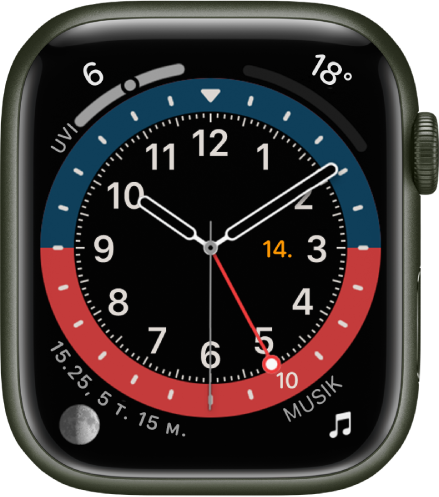 Urskiven GMT, hvor du kan justere urskivens farve. Den viser fire komplikationer: UV-indeks øverst til venstre, Temperatur øverst til højre, Måne nederst til venstre og Musik nederst til højre.