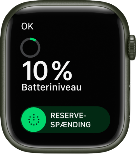 Skærmen Reservespænding, der viser knappen OK øverst, den procentdel, der er tilbage på batteriet, og mærket Reservespænding.