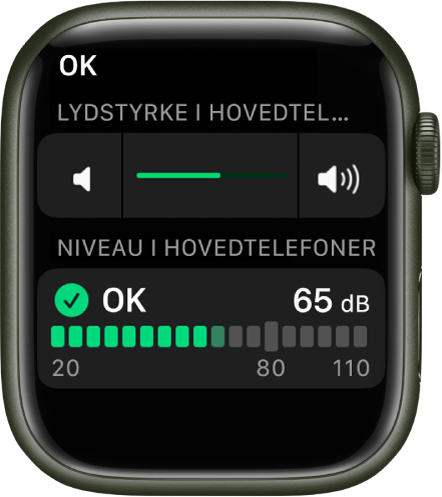 Skærmen Lydstyrke i hovedtelefoner viser en lydstyrkejustering øverst og en måler nedenunder, som viser den aktuelle lydstyrke i hovedtelefonerne. Lydstyrken er 65 dB og er markeret som “OK”.