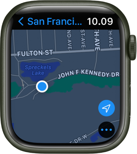 Appen Kort viser et kort. Din lokalitet vises som en blå prik på kortet.