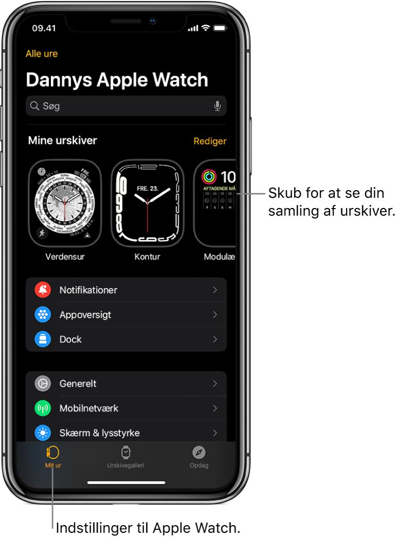 Appen Watch på iPhone med skærmen Mit ur, hvor der vises urskiver øverst og indstillinger nedenunder. Der er tre faner nederst på skærmen i appen Apple Watch: Fanen til venstre er Mit ur, som du bruger til indstilling af Apple Watch. Den næste er Urskivegalleri, hvor du kan se de tilgængelige urskiver og komplikationer, og så kommer fanen Opdag, hvor du kan få mere at vide om Apple Watch.