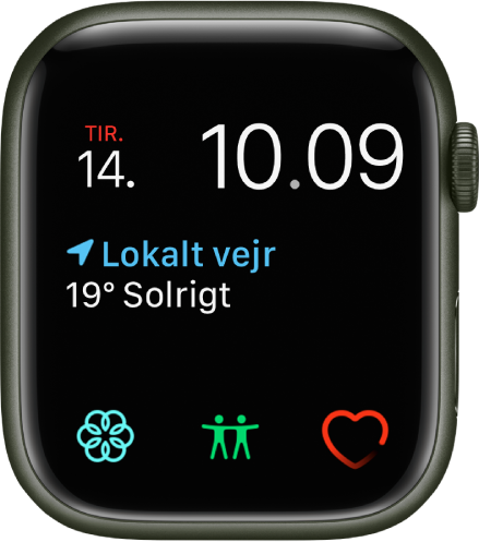 Urskiven Modulær, hvor du kan justere urskivens farve. Den viser klokkeslæt og dato øverst, komplikationen Vejrforhold midt på og tre komplikationer med underurskiver nederst: Mindfulness, Find personer og Puls.