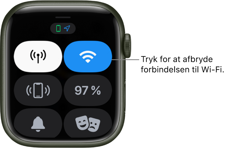 Kontrolcenter på Apple Watch (GPS + Cellular) med knappen Wi-Fi øverst til højre. Billedteksten siger “Tryk for at afbryde forbindelsen til Wi-Fi”.