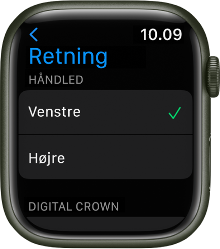Skærmen Retning på Apple Watch. Du kan indstille retning for håndled og for Digital Crown.