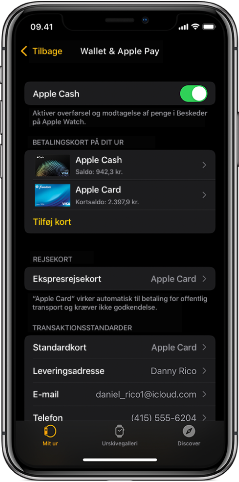 Skærmen Wallet og Apple Pay i appen Apple Watch på iPhone. Skærmen viser kort, der er føjet til Apple Watch, det kort, du har valgt at bruge som ekspresrejsekort, og standardindstillinger til transaktioner.