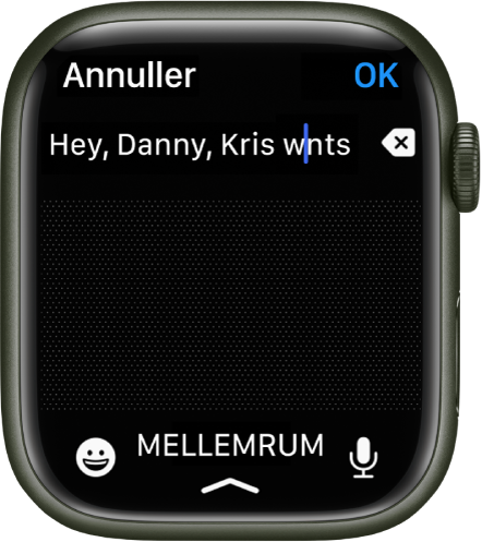 En skærm til indtastning af tekst med en markør mellem to bogstaver i et forkert stavet ord. Knappen Slet vises til højre for teksten. Knapperne Emoji, Mellemrum og Dikter er nederst.