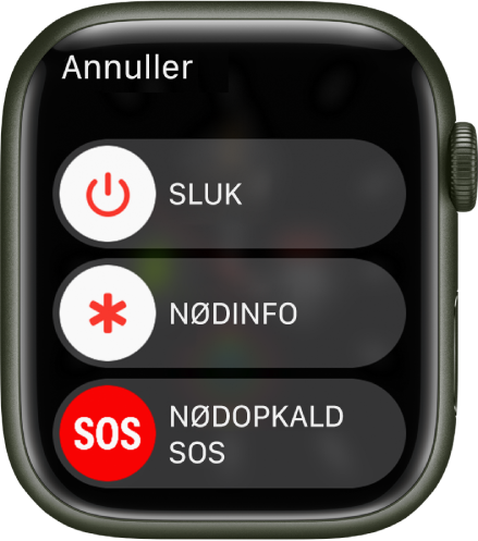 Der vises tre mærker på skærmen på Apple Watch: Sluk, Nødinfo og Nødopkald SOS. Træk mærket Sluk for at slukke Apple Watch.