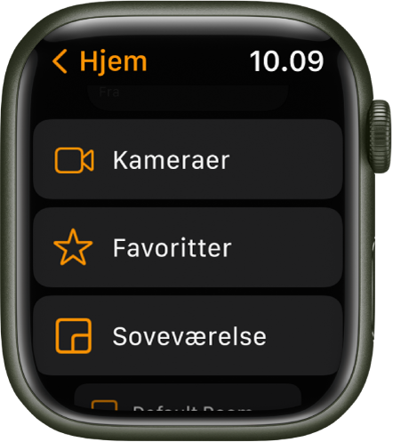 Appen Hjem viser en liste, der indeholder knapper til Kameraer, Favoritter og værelse.