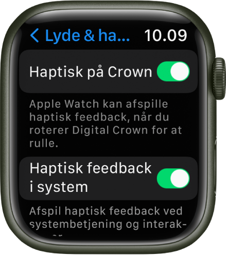 Skærmen Haptisk på Crown viser, at Haptisk på Crown er slået til. Kontakten Haptisk feedback i system vises nedenunder.