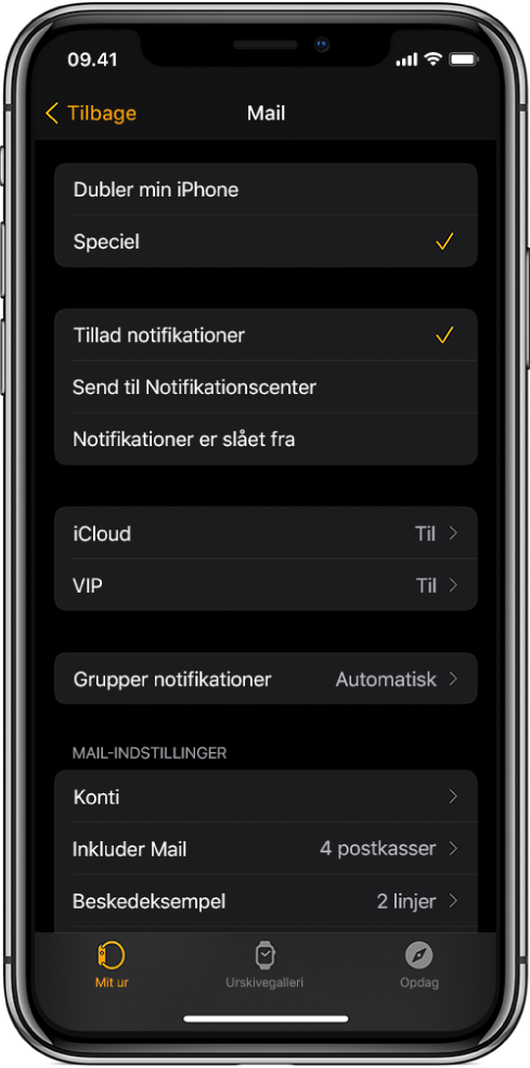 E-mailindstillinger i Apple Watch-appen, der viser indstillinger til notifikationer og e-mailkonti.