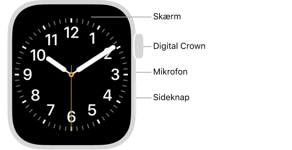 Forsiden af Apple Watch Series 7, hvor skærmen viser urskiven og Digital Crown, mikrofonen og sideknappen fra top til bund på siden af uret.