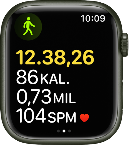 En skærm, der viser træningsstatistik, inklusive forløbet tid og puls.