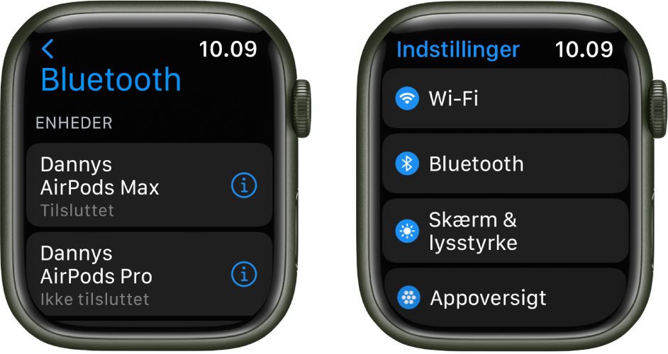 To skærme side om side Til venstre er der en skærm med to tilgængelige Bluetooth-enheder. AirPods Max, der er tilsluttet, og AirPods Pro, som ikke er tilsluttet. Til højre vises skærmen Indstillinger med knapperne Wi-Fi, Bluetooth, Skærm & lysstyrke og Appoversigt på en liste.