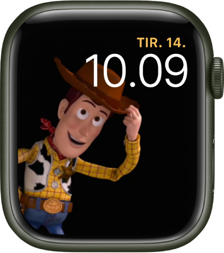 Urskiven Toy Story, der viser ugedag, dato og klokkeslæt øverst til højre og en animeret Woody til venstre på skærmen.