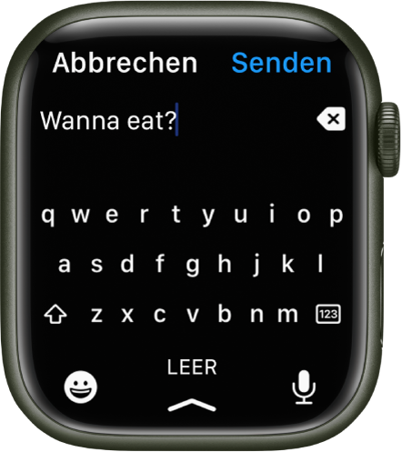 Ein Texteingabebereich mit einer QWERTY-Tastatur. Oben wird etwas Text angezeigt und rechts daneben befindet sich die Löschtaste. Unten befinden sich die Tasten „Emoji“, „Leertaste“ und „Diktieren“.