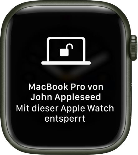 Display der Apple Watch mit der Nachricht „Christian Bauers MacBook Pro von dieser Apple Watch entsperrt“