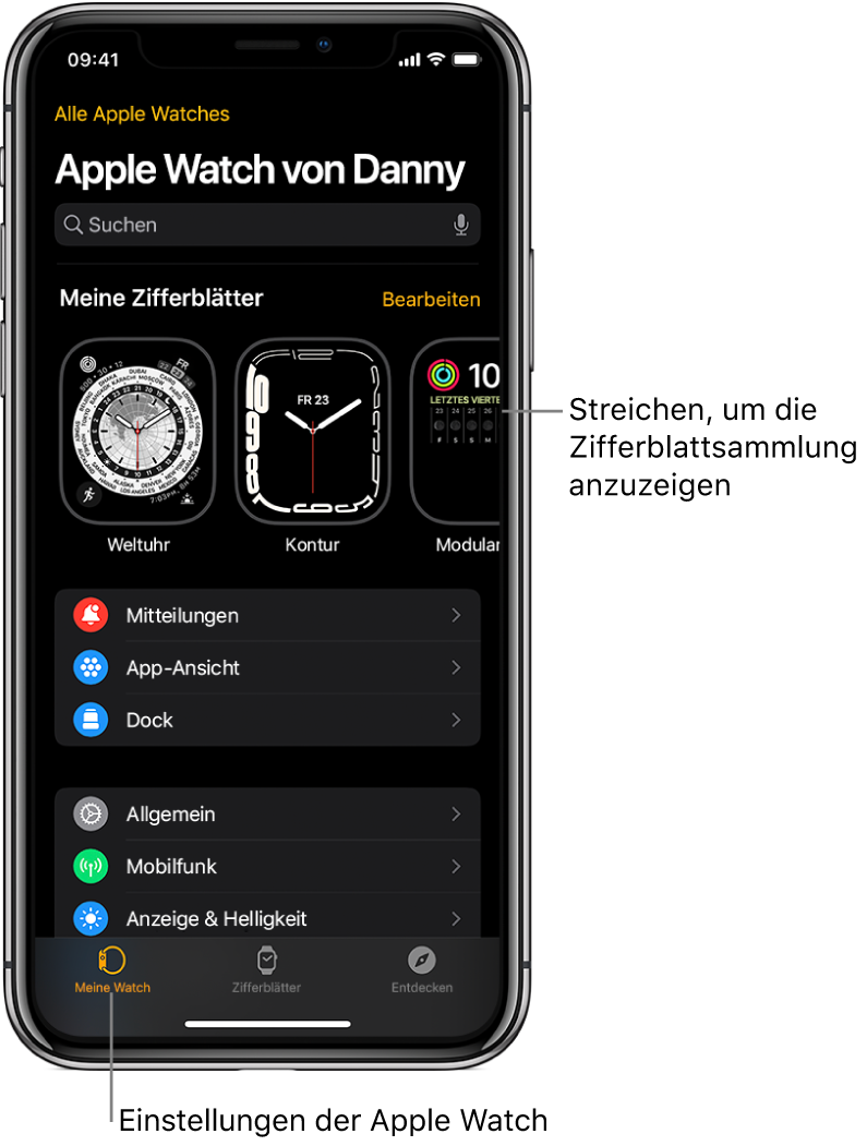 Die Apple Watch-App auf dem iPhone öffnet sich mit dem Bildschirm „Meine Watch“, in dem oben deine Zifferblätter und unten die Einstellungen angezeigt werden. Unten in der Apple Watch-App befinden sich drei Tabs: Links der Tab „Meine Watch“ mit den Einstellungen für die Apple Watch, daneben die Zifferblattgalerie, in der du die verfügbaren Zifferblätter und Komplikationen durchsuchen kannst, rechts daneben der Tab „Entdecken“, wo du mehr über die Apple Watch erfährst.