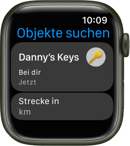 Die App „Objekte suchen“ zeigt, dass sich das AirTag, das an einem Schlüsselbund befestigt ist, bei dir befindet. Darunter ist eine Taste zu sehen, die die Entfernung angibt.