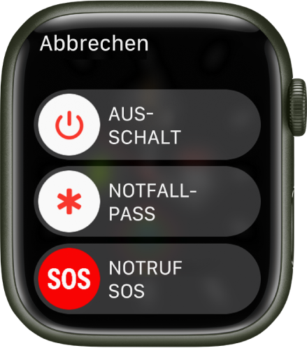 Display der Apple Watch mit drei Reglern: „Ausschalten“, „Notfallpass“ und „Notruf SOS“. Bewege den Regler „Ausschalten“, um die Apple Watch auszuschalten.
