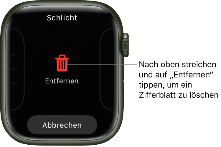 Display der Apple Watch mit den Tasten „Entfernen“ und „Abbrechen“, die angezeigt werden, wenn du zu einem Zifferblatt streichst und auf diesem nach oben streichst, um es zu löschen.