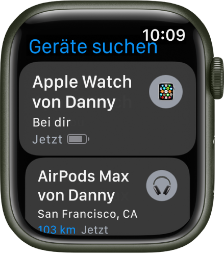 Die App „Geräte suchen“ mit zwei Einträgen – mit einem für die Apple Watch und einem für die AirPods.