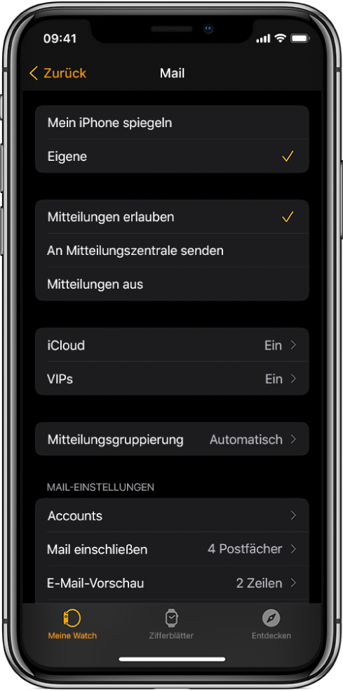 Die Einstellungen für die App „Mail“ in der Apple Watch-App mit Einstellungen für Mitteilungen und E-Mail-Accounts.